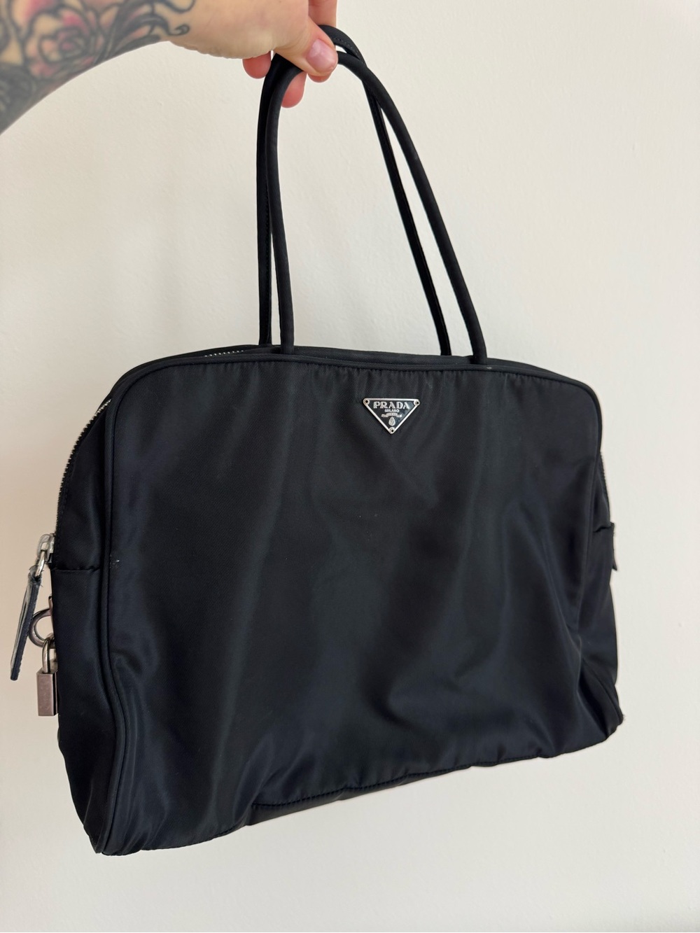 Prada Black Nylon Shoulder Tote with Silver-Tone Logo
